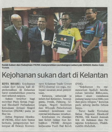 31/03/2019 - Utusan : Kejohanan Sukan Dart di Kelantan