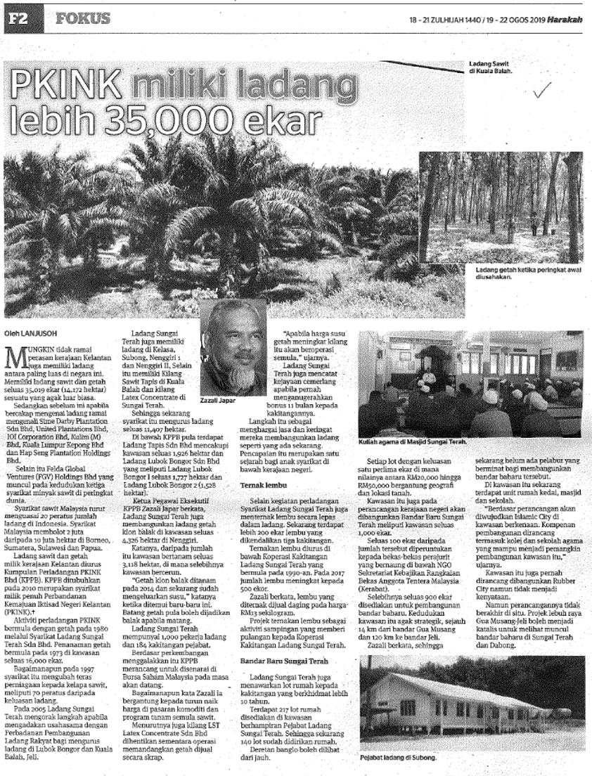 19/08/2019 - Harakah : PKINK Miliki Ladang Lebih 35000 Ekar