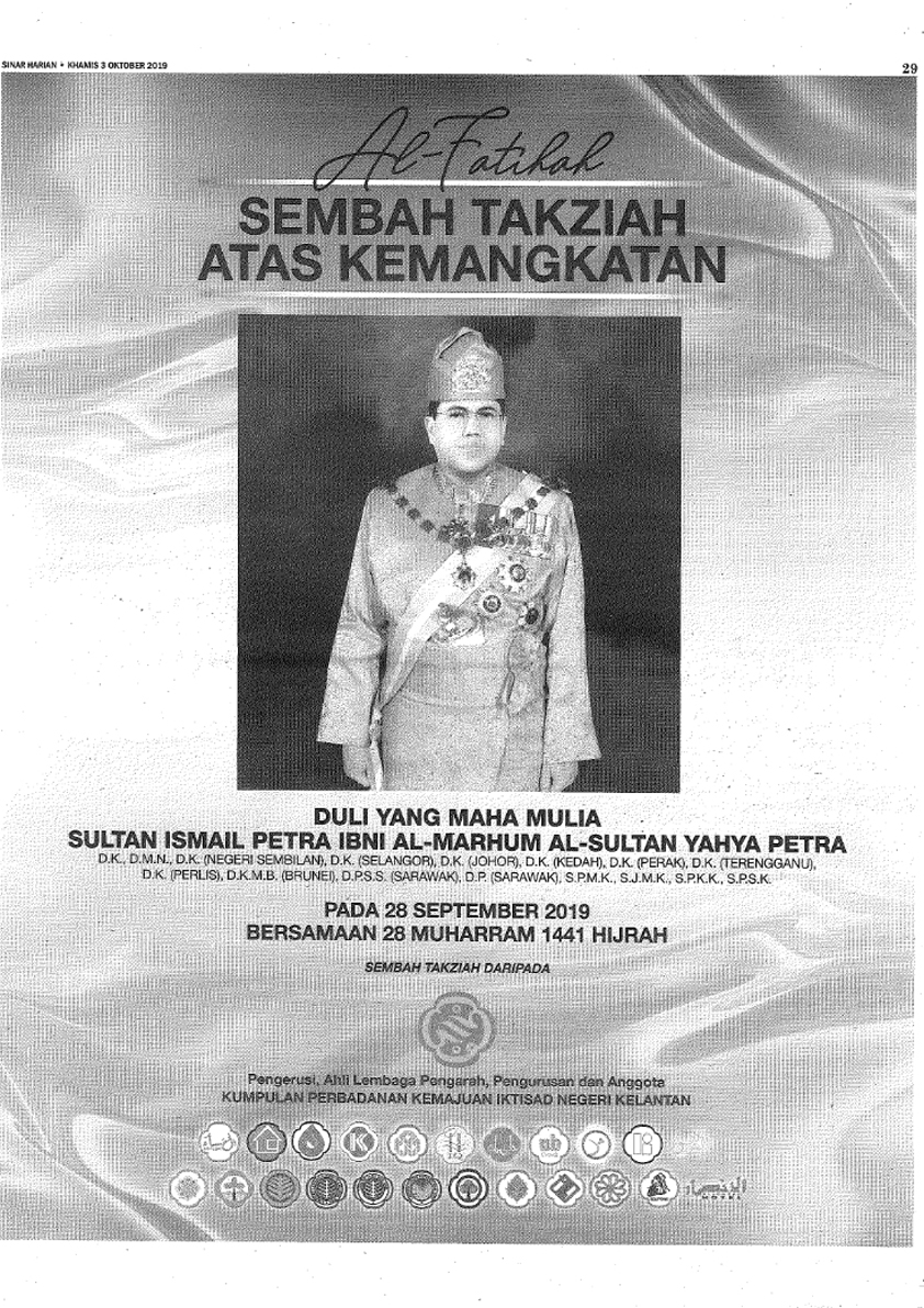 03/10/2019 - Sinar Harian : Sembah Takziah Atas Kemangkatan