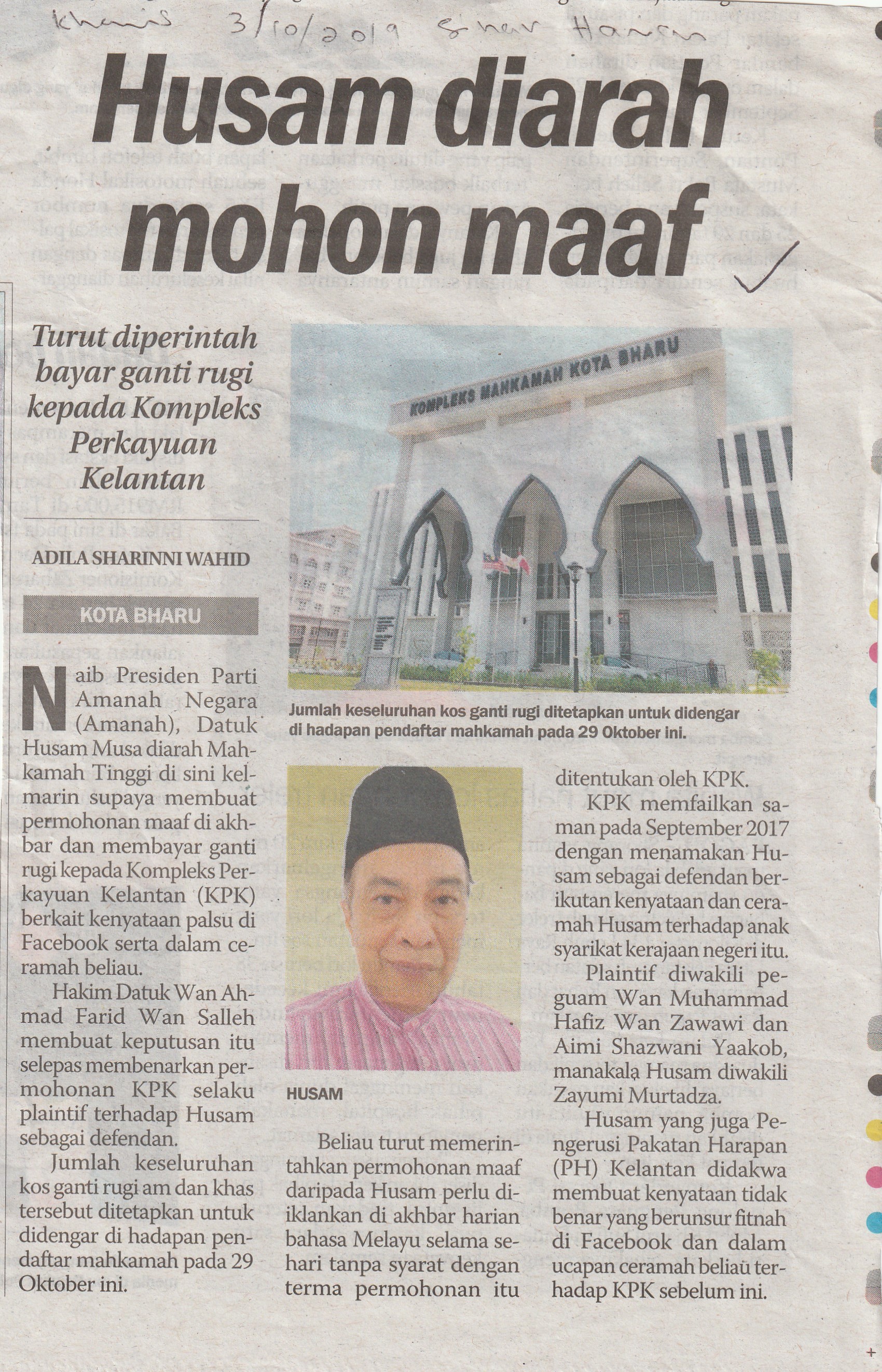 30/10/2019 - Sinar Harian : Husam Diarah Mohon Maaf