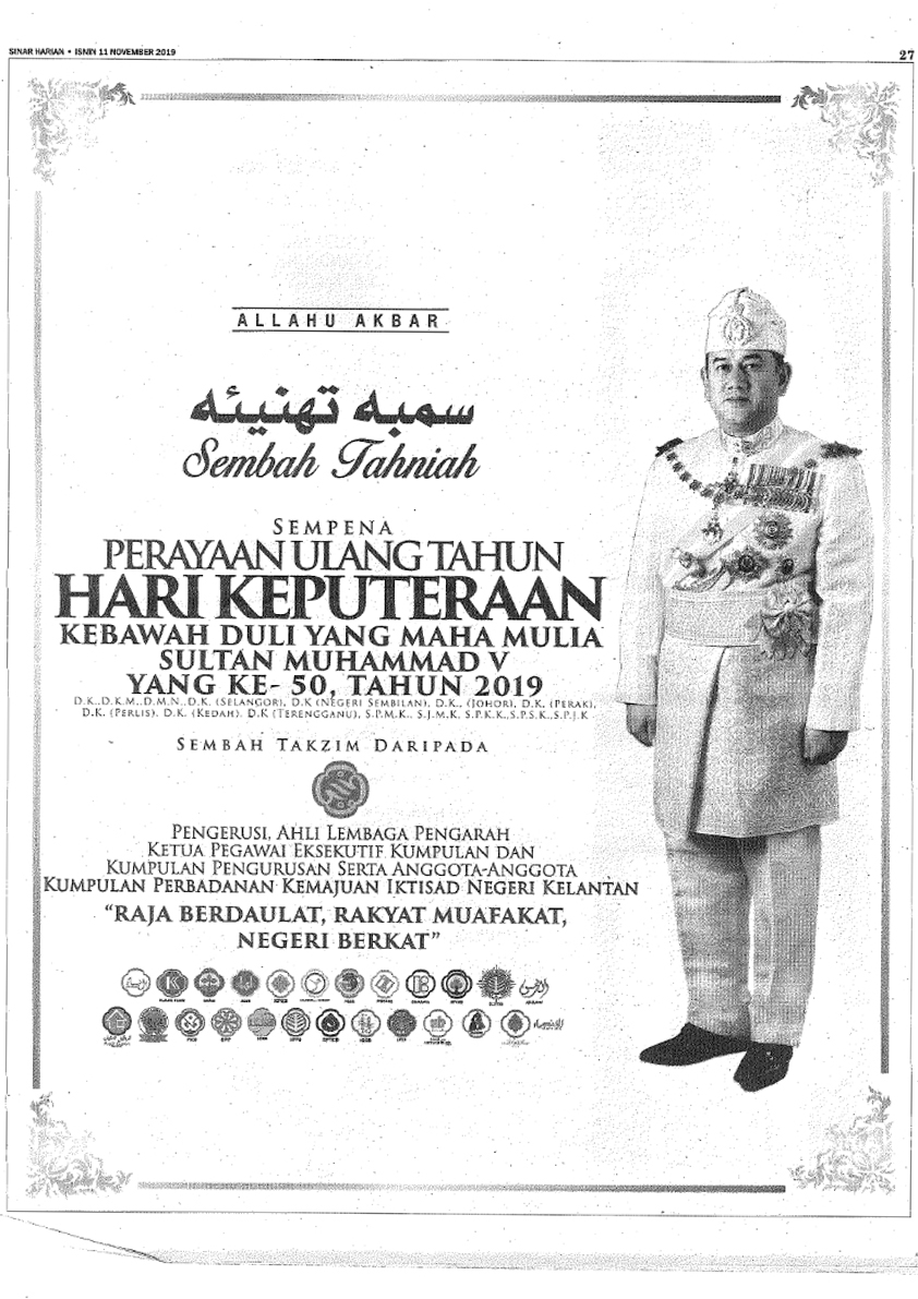 11/11/2019 - Sinar Harian : Sembah Tahniah