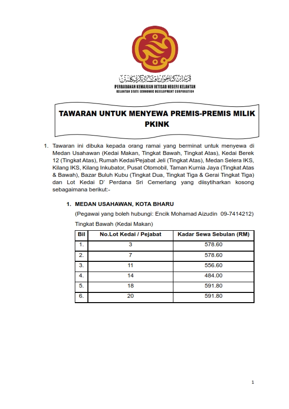 IKLAN TAWARAN SEWAAN DI PREMIS-PREMIS MILIK PKINK